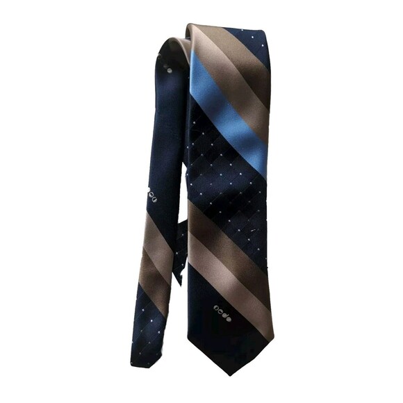 Saddle Club Men's Vintage Light & Navy Blue Tan Striped Tie Shiny Long - Picture 1 of 8